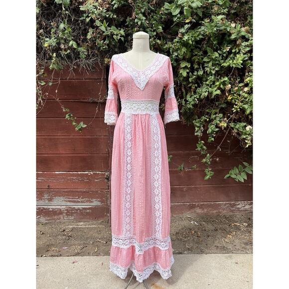 Vintage Dresses & Skirts - Vintage 60s Pink Lace Bell Sleeve Mexican Pintuck Wedding Bridal Maxi Dress